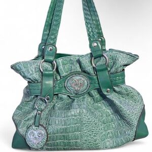 Bueno Green Croc-Embossed Shoulder Bag